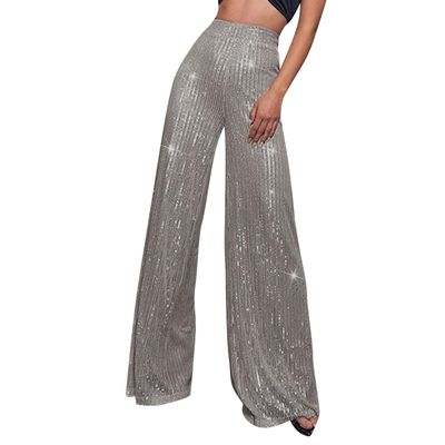 High Waisted Pants for Women Wide Leg Pant Glitter Sequin Loose Long Pants Bling Party Clubwear Elastic Casual Pants with Pocket Tummy Control Lounge Trousers(A-Gray,Medium)