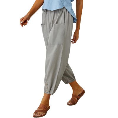Cotton Casual Capri for Women Elastic High Waisted Loose Lantern Tapered Harem Pants with Pockets Light Gray