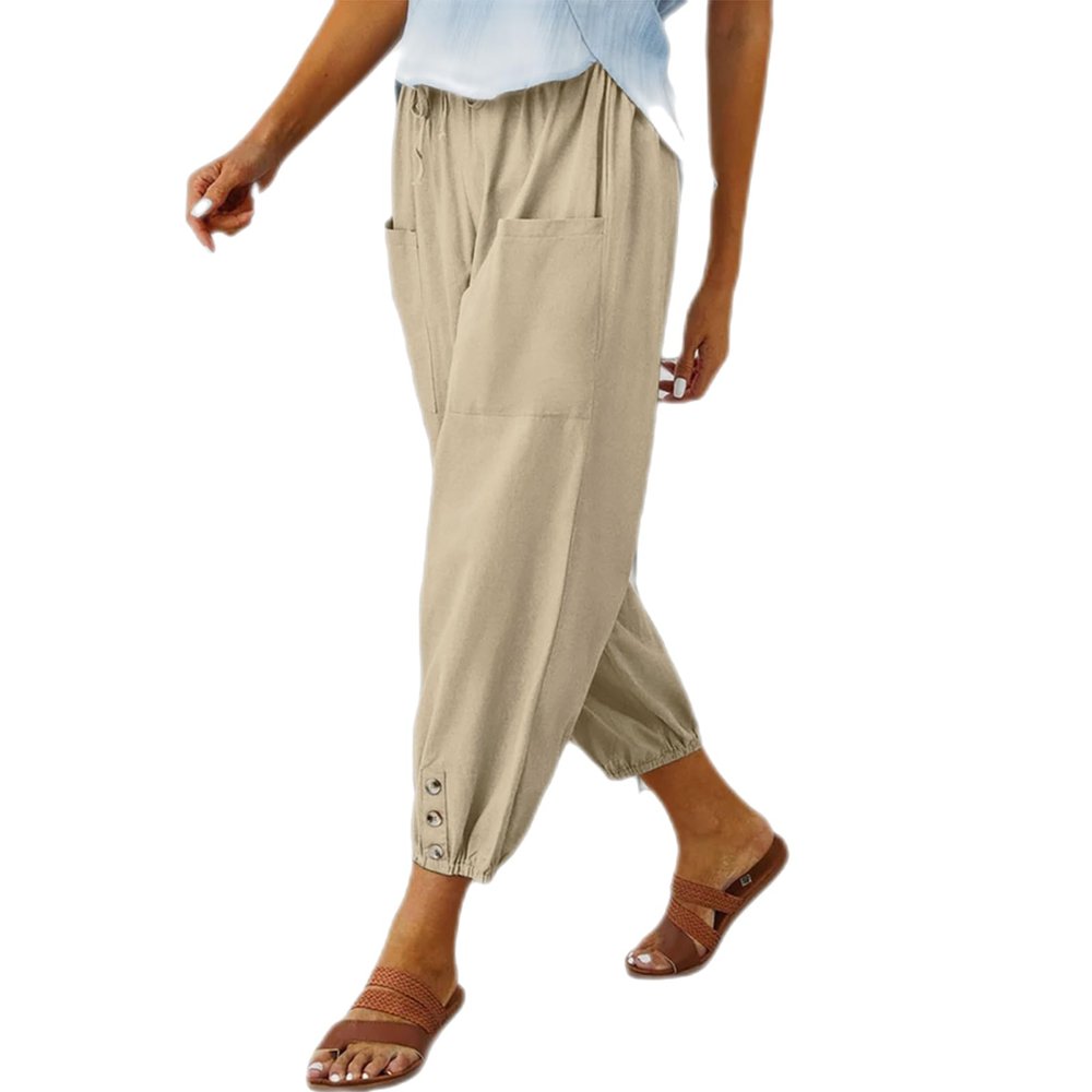 Cotton Casual Capri for Women Elastic High Waisted Loose Lantern Tapered Harem Pants with Pockets Khaki