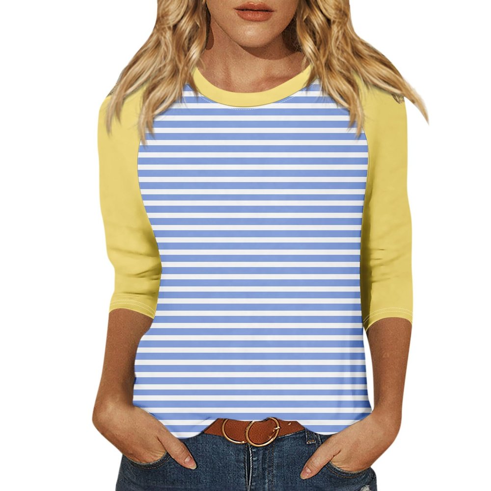 3/4 Sleeve Tops for Women Spring Contrast Crewneck Striped Raglan Shirts Dressy Casual Layering Cute Blouses Ethnic Three Quarter Sleeve Beach Country Tunic Tops to Wear with Leggings 2025 White
