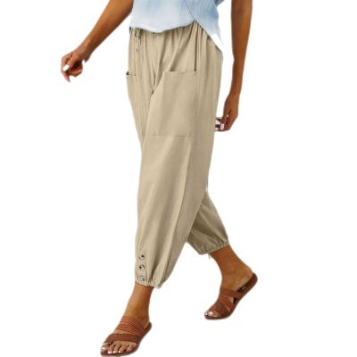 Cotton Casual Capri for Women Elastic High Waisted Loose Lantern Tapered Harem Pants with Pockets Khaki