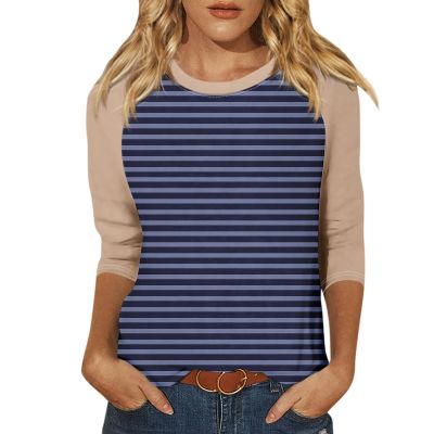 3/4 Length Sleeve Womens Tops Raglan Contrast Striped Crew Neck Tshirts Dressy Casual Layering Summer Blouses Three Quarter Length Sleeve Fashion Elegant Long Tunic Tops with Leggings 2025 Royal Blue
