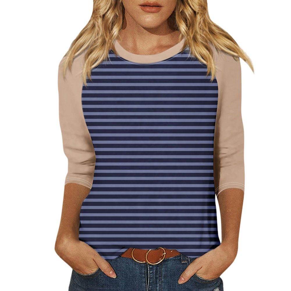 3/4 Length Sleeve Womens Tops Raglan Contrast Striped Crew Neck Tshirts Dressy Casual Layering Summer Blouses Three Quarter Length Sleeve Fashion Elegant Long Tunic Tops with Leggings 2025 Royal Blue