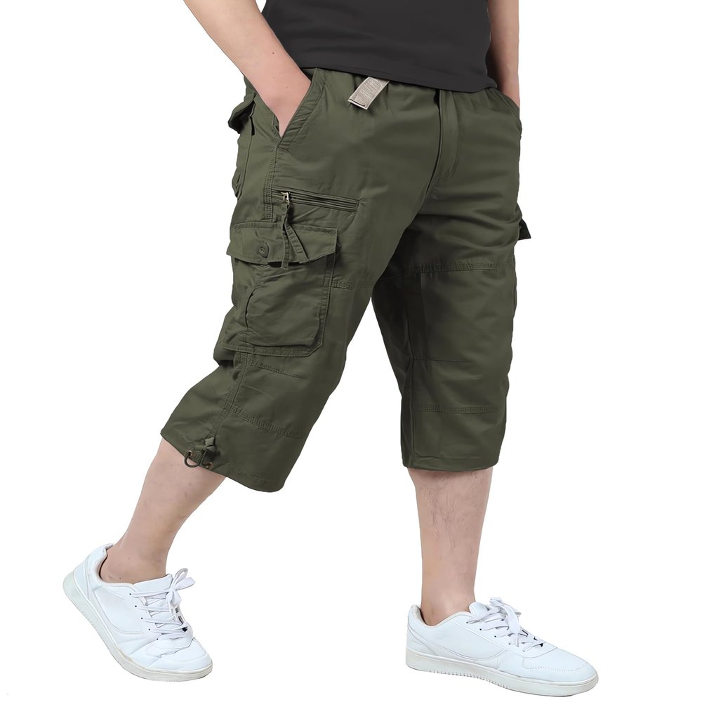 Calsky Men's Casual Twill Elastic Cargo Shorts Loose Fit Multi-Pocket 3/4 Capri Long Shorts Below Knee Casual with 7 Pockets (US, Numeric, 40, Regular, Regular, Green)
