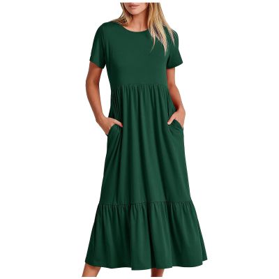 Akklian Women Summer Casual Short Sleeve Crewneck Swing Sundress Flowy Tiered Maxi Dress with Pockets Beach Dresser for Women Green