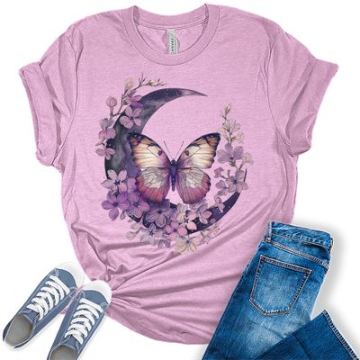 GyftWear Butterfly Shirt Vintage Cottagecore Wildflowers T Shirt Trendy Moon Graphic Tees for Women, 4X-Large, Zf - Heather Prism Lilac