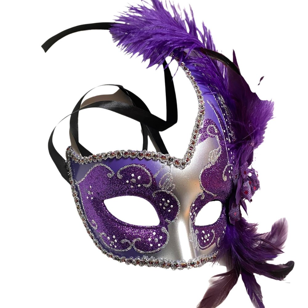 MasqStudio Brocade Lace Masquerade Ball Mask Burlesque Mardi Gras Birthday Prom Wedding Party (Purple Silver)