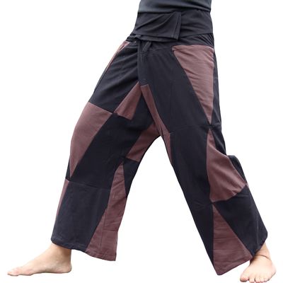RaanPahMuang Thai Fisherman Pants Loose Yoga, Pirate, Harem, 100% Cotton, Unisex Mens Womens Kimono, Medium-Large Tall, Patch Muang Cotton - Black Brown