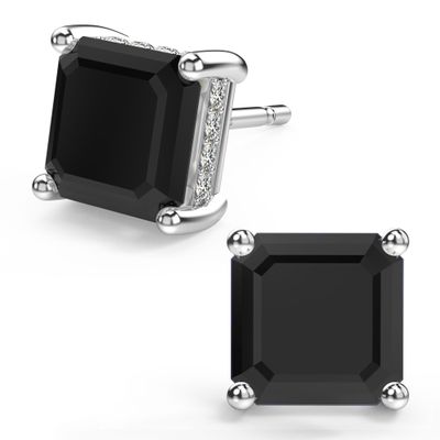 18K White Gold Plated Sterling Silver Asscher Cut Cubic Zirconia Stud Earrings for Women Men | Square CZ Stud Earrings Simulated Diamond Earrings Studs (8MM, Black)