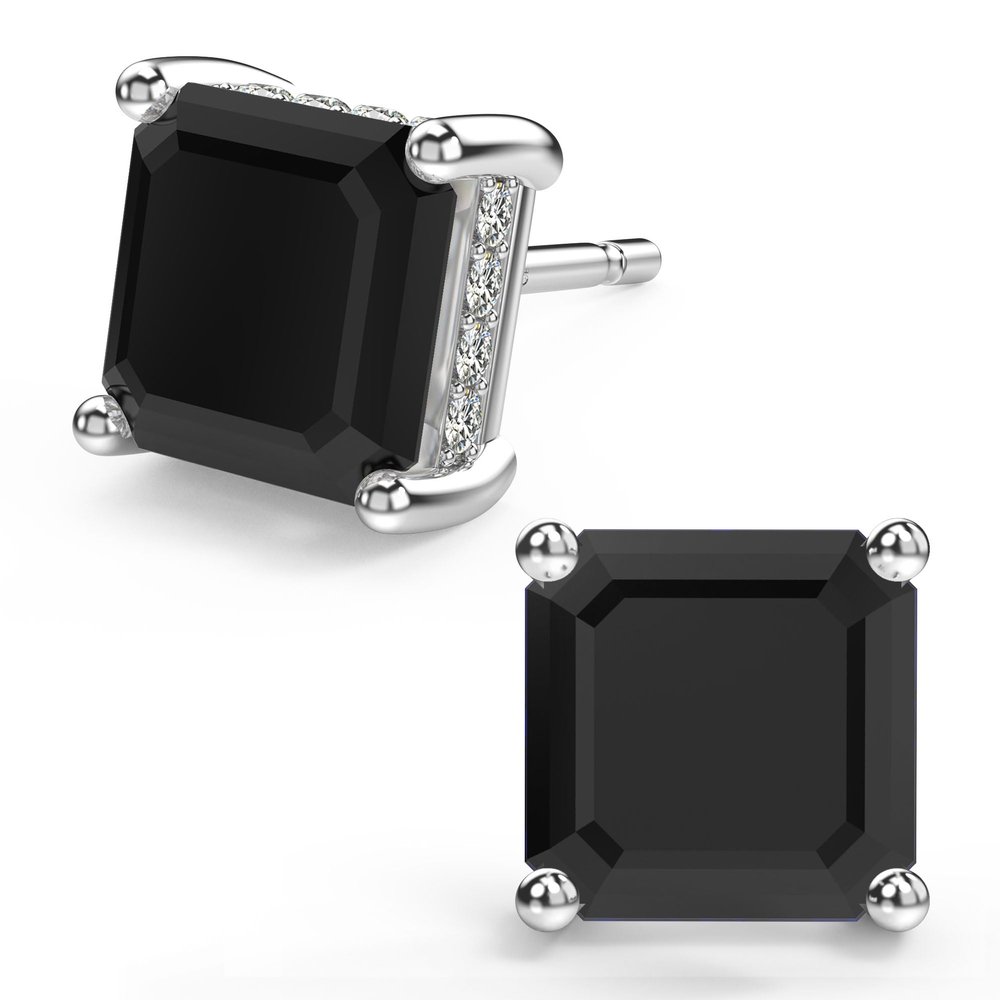 18K White Gold Plated Sterling Silver Asscher Cut Cubic Zirconia Stud Earrings for Women Men | Square CZ Stud Earrings Simulated Diamond Earrings Studs (8MM, Black)