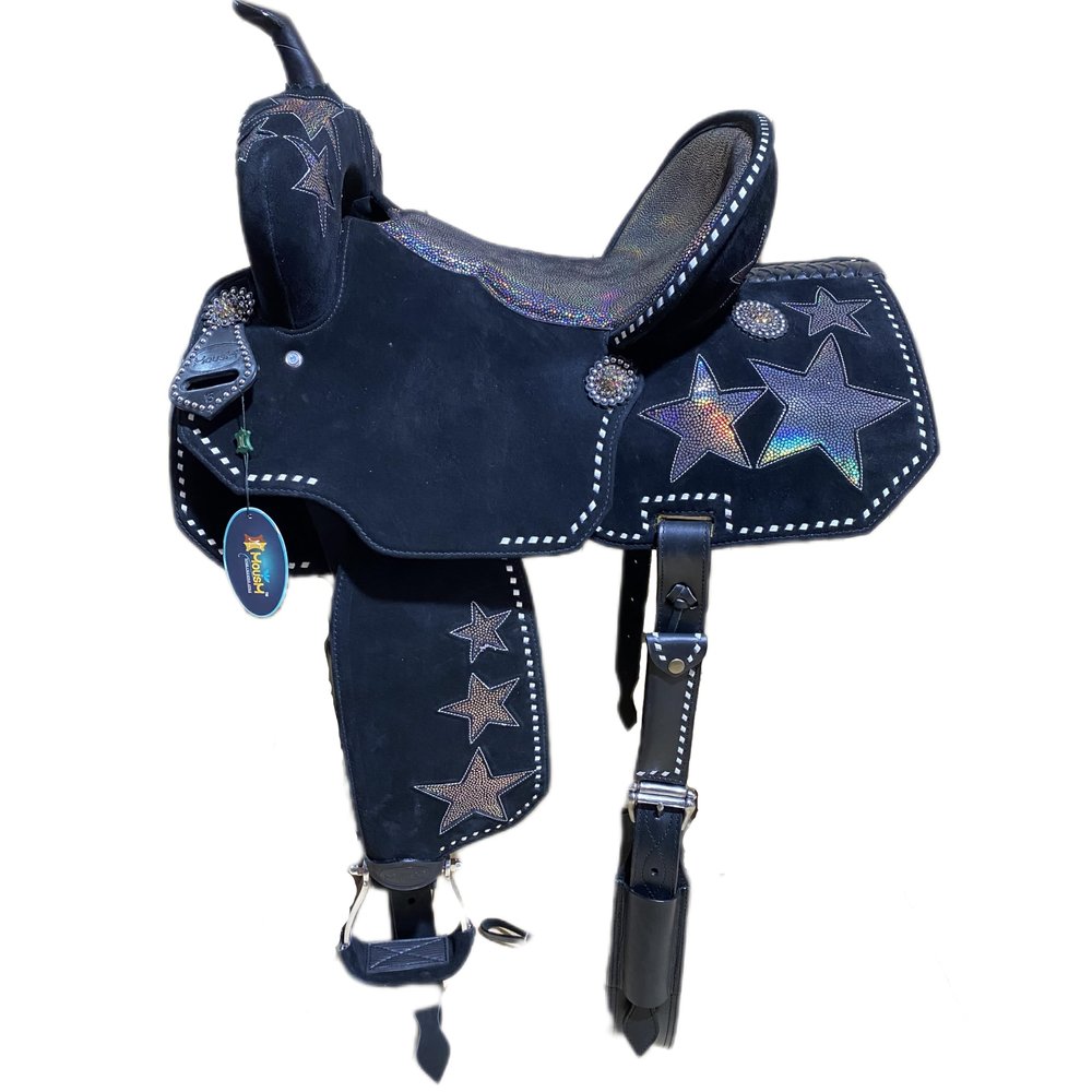 MOUSM Handcrafted Genuine Leather Western Saddle with Black Base & Holographic Glitter Star, Perfect for Stylish Riders Seeking Quality & Flair (16 inches)