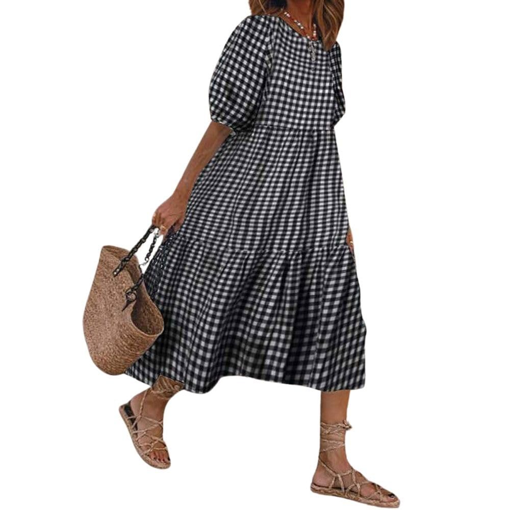 chouyatou Women's Retro Lantern Puff Sleeve Plaid Dress Gingham Swing Tiered Midi Long Dress (Small, Plaid Black)