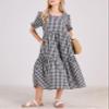 chouyatou Women's Retro Lantern Puff Sleeve Plaid Dress Gingham Swing Tiered Midi Long Dress (Small, Plaid Black) view 2