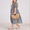 chouyatou Women's Retro Lantern Puff Sleeve Plaid Dress Gingham Swing Tiered Midi Long Dress (Small, Plaid Black) view 3