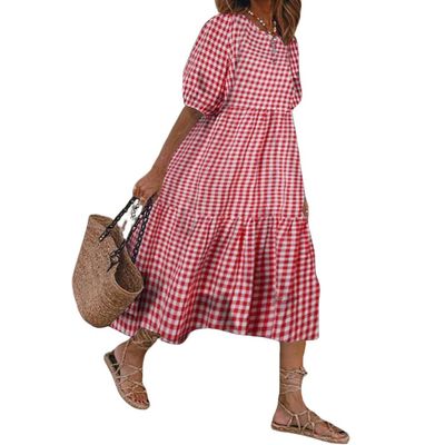chouyatou Women's Retro Lantern Puff Sleeve Plaid Dress Gingham Swing Tiered Midi Long Dress (X-Large, Plaid Red)