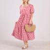 chouyatou Women's Retro Lantern Puff Sleeve Plaid Dress Gingham Swing Tiered Midi Long Dress (X-Large, Plaid Red) view 2