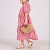 chouyatou Women's Retro Lantern Puff Sleeve Plaid Dress Gingham Swing Tiered Midi Long Dress (X-Large, Plaid Red) view 4