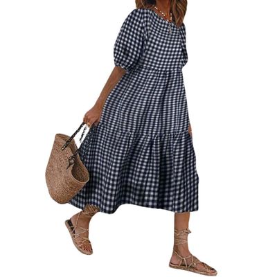 chouyatou Women's Retro Lantern Puff Sleeve Plaid Dress Gingham Swing Tiered Midi Long Dress (Large, Plaid Navy)