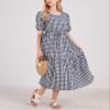 chouyatou Women's Retro Lantern Puff Sleeve Plaid Dress Gingham Swing Tiered Midi Long Dress (Large, Plaid Navy) view 2