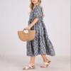 chouyatou Women's Retro Lantern Puff Sleeve Plaid Dress Gingham Swing Tiered Midi Long Dress (Large, Plaid Navy) view 3