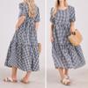chouyatou Women's Retro Lantern Puff Sleeve Plaid Dress Gingham Swing Tiered Midi Long Dress (Large, Plaid Navy) view 4