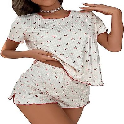 codcm Women's Fruit Pajama Set Cute Cherry Print Short Sleeve T Shirt and Shorts 2 Piece Outfits(White,Small)