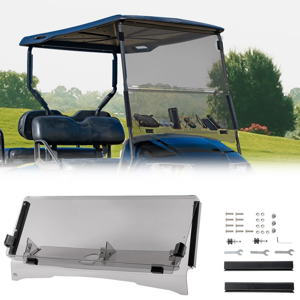 KEMIMOTO Golf Cart Windshield with Storage Basket Compatible with EZGO TXT 1995-2013, Foldable Replacement Windshield, Anti-UV and Impact Resistant Acrylic (Tinted), Patented Design