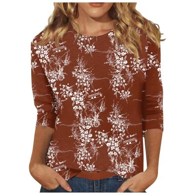 WJDNHKYD Plus Size Sleeveless Tops For Women 3/4 Length Sleeve Womens Tops 2024 Floral Print Vintage Casual Loose With Round Neck Plus Size Shirts