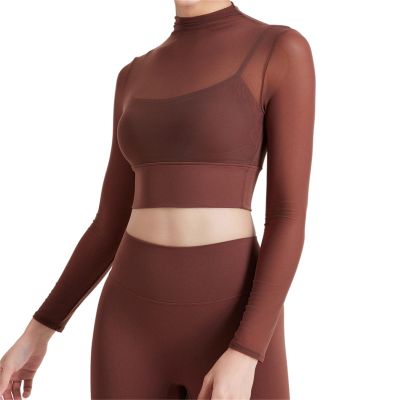 Womens Long Sleeve Crop Tops with Built in Bra Mesh Sports Bra Sheer Mock Neck Padded Workout Cropped Yoga Shirts (Coffee,M,Medium,Regular,Regular)