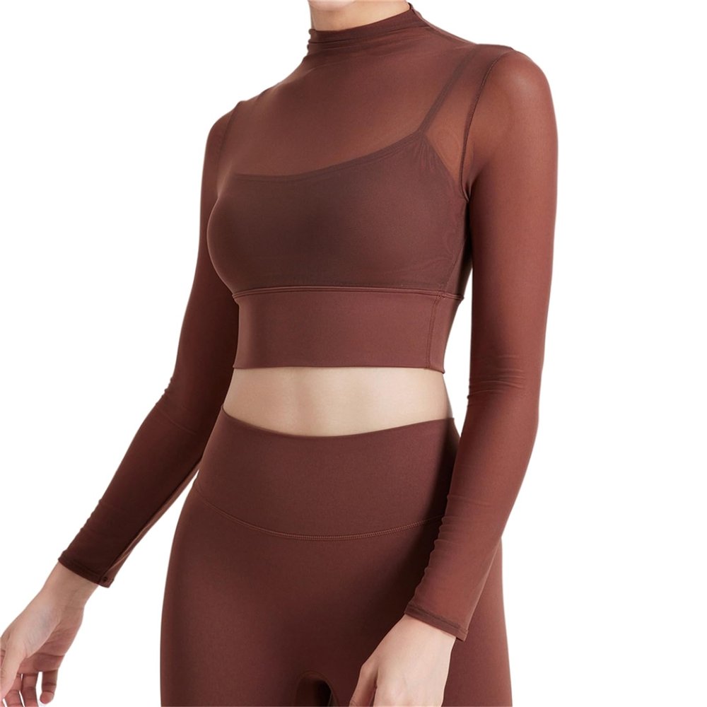 Womens Long Sleeve Crop Tops with Built in Bra Mesh Sports Bra Sheer Mock Neck Padded Workout Cropped Yoga Shirts (Coffee,M,Medium,Regular,Regular)