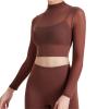 Womens Long Sleeve Crop Tops with Built in Bra Mesh Sports Bra Sheer Mock Neck Padded Workout Cropped Yoga Shirts (Coffee,M,Medium,Regular,Regular) view 1
