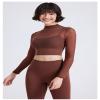 Womens Long Sleeve Crop Tops with Built in Bra Mesh Sports Bra Sheer Mock Neck Padded Workout Cropped Yoga Shirts (Coffee,M,Medium,Regular,Regular) view 2