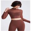 Womens Long Sleeve Crop Tops with Built in Bra Mesh Sports Bra Sheer Mock Neck Padded Workout Cropped Yoga Shirts (Coffee,M,Medium,Regular,Regular) view 4