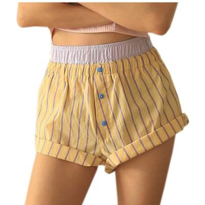 Women's Summer Casual Shorts Striped Print Elastic Waist Lounge Shorts High Waist Straight Leg Shorts with Pockets Purple