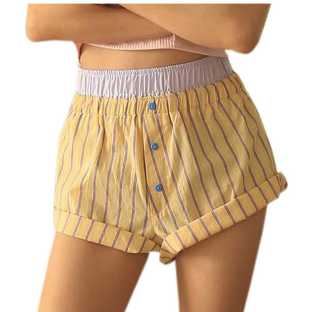 Women's Summer Casual Shorts Striped Print Elastic Waist Lounge Shorts High Waist Straight Leg Shorts with Pockets Purple