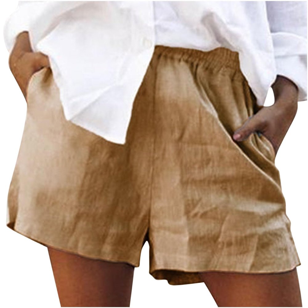 Plus Size Shorts for Women Cotton Linen Lounge Shorts Fashion Solid Elastic Waist Straight Leg Shorts with Pockets Khaki