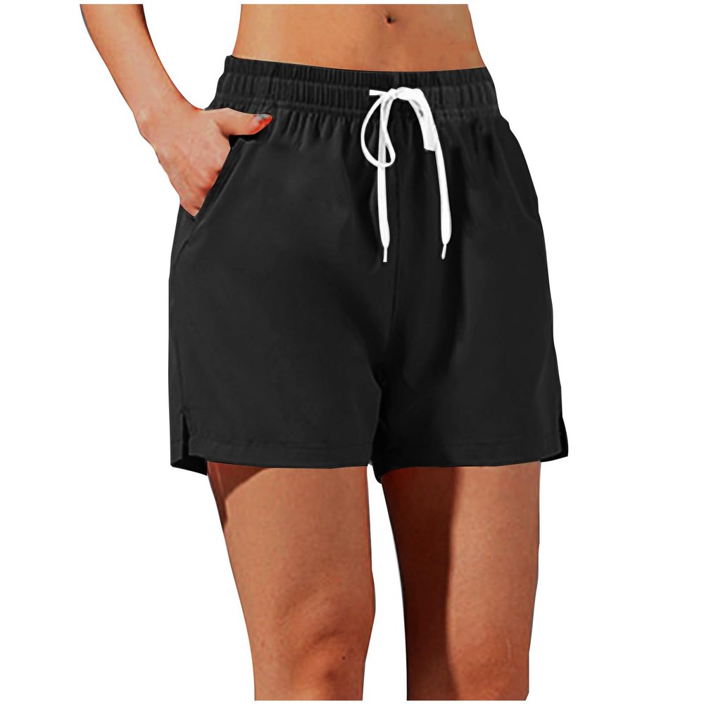 Lmdudan Women Casual Shorts Solid Elastic Waist Drawstring Shorts Lightweight Summer Beach Short Lounge Pants with Pockets Black