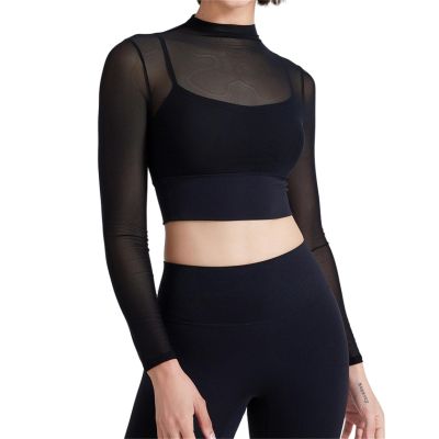 Womens Long Sleeve Crop Tops with Built in Bra Mesh Sports Bra Sheer Mock Neck Padded Workout Cropped Yoga Shirts (Black,S,Small,Regular,Regular)