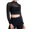 Womens Long Sleeve Crop Tops with Built in Bra Mesh Sports Bra Sheer Mock Neck Padded Workout Cropped Yoga Shirts (Black,S,Small,Regular,Regular) view 1