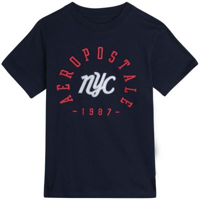 AEROPOSTALE Boys Graphic Tees - Soft Cotton Blend Boys Shirts - Short Sleeve Crewneck T-Shirts with Logo Print (4-16), Size 5-6, Navy