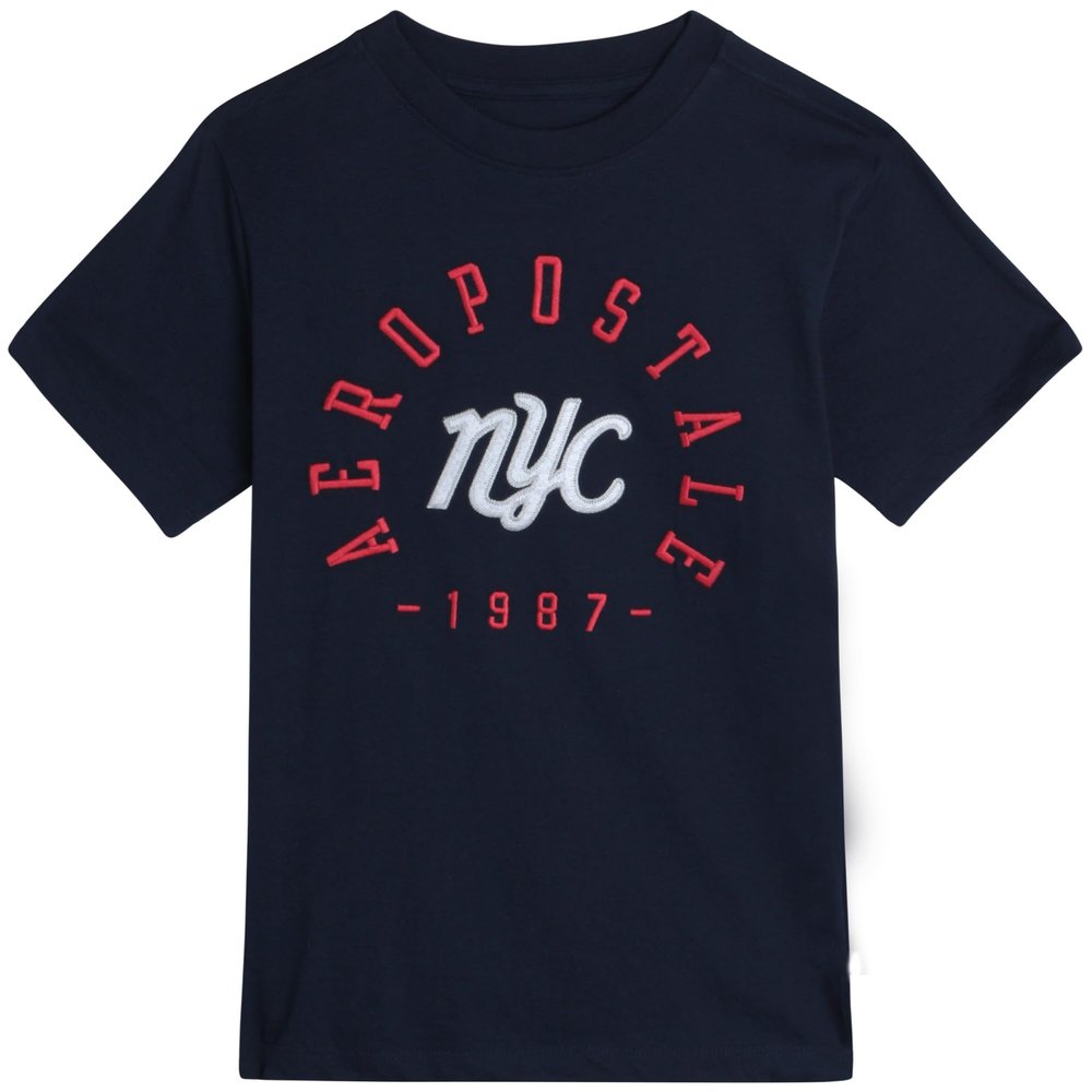 AEROPOSTALE Boys Graphic Tees - Soft Cotton Blend Boys Shirts - Short Sleeve Crewneck T-Shirts with Logo Print (4-16), Size 5-6, Navy