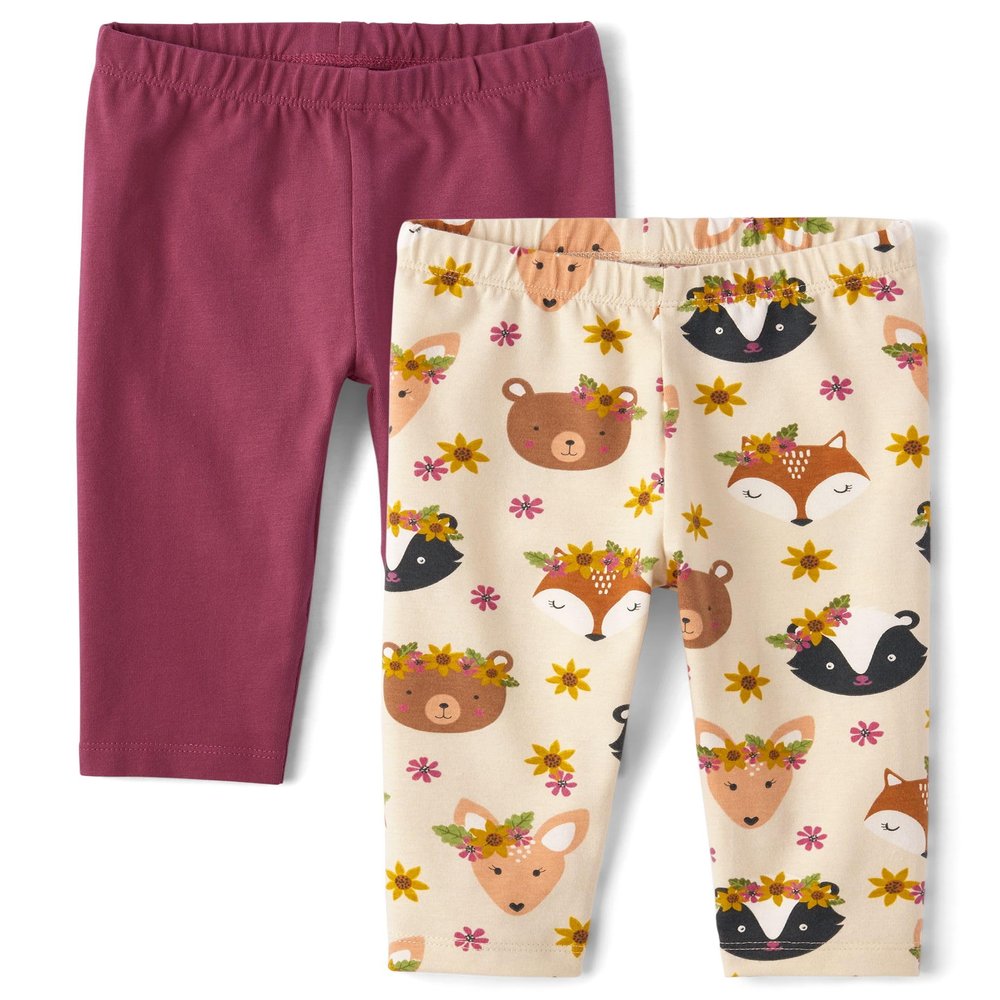 The Children's Place,Baby Girls,and Newborn Knit Pull On Pants,Harvest Print 2-Pack,3 Months,6 Months