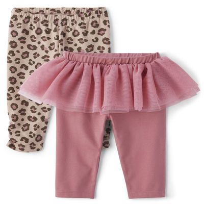 The Children's Place,Baby Girls,and Newborn Knit Pull On Pants,Blush Ruffle/Cheetah 2-Pack,6 Months,9 Months