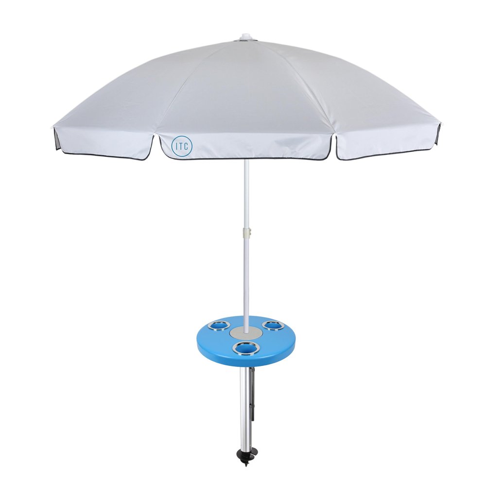Manufacturers' Select ITC Beach Table and Umbrella with Sand Bar Auger Post. Beach Accessory, Yard, Campground, Glamping, in and Out of The Water (Aqua Blue w/ 31" Sand Bar)