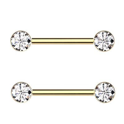 Pierced Owl 14GA ASTM F-136 Implant Grade Titanium Bezel Set CZ Crystal Ends Nipple Barbells, Sold as a Pair (Gold Tone/Clear)