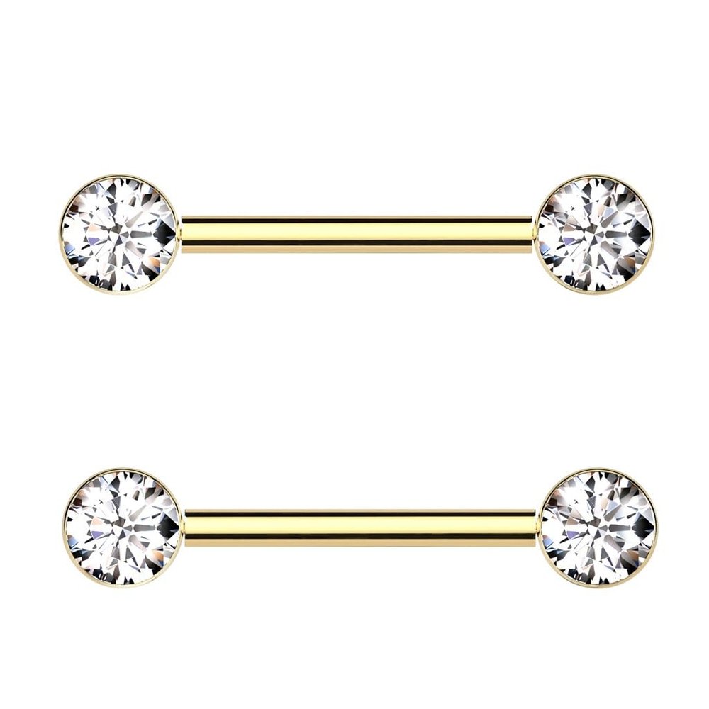 Pierced Owl 14GA ASTM F-136 Implant Grade Titanium Bezel Set CZ Crystal Ends Nipple Barbells, Sold as a Pair (Gold Tone/Clear)