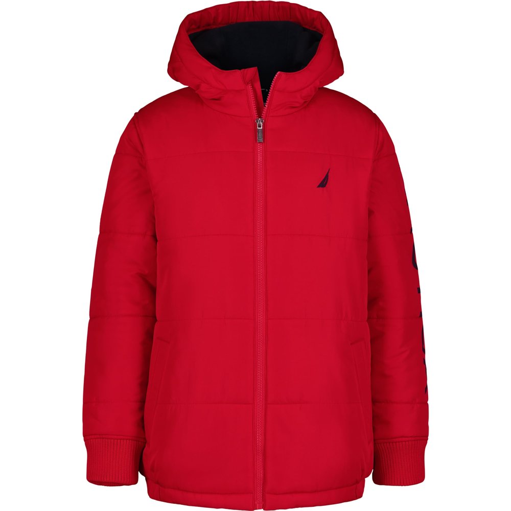 Nautica Boys' Heavyweight Hooded Bubble Jacket with Polar Fleece Lining, Tango Red, 4
