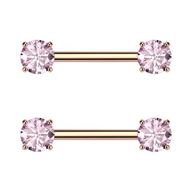 14GA ASTM F-136 Implant Grade Titanium Prong Set CZ Crystal Ends Nipple Barbells, Sold as a Pair (Rose Gold Tone/Pink)