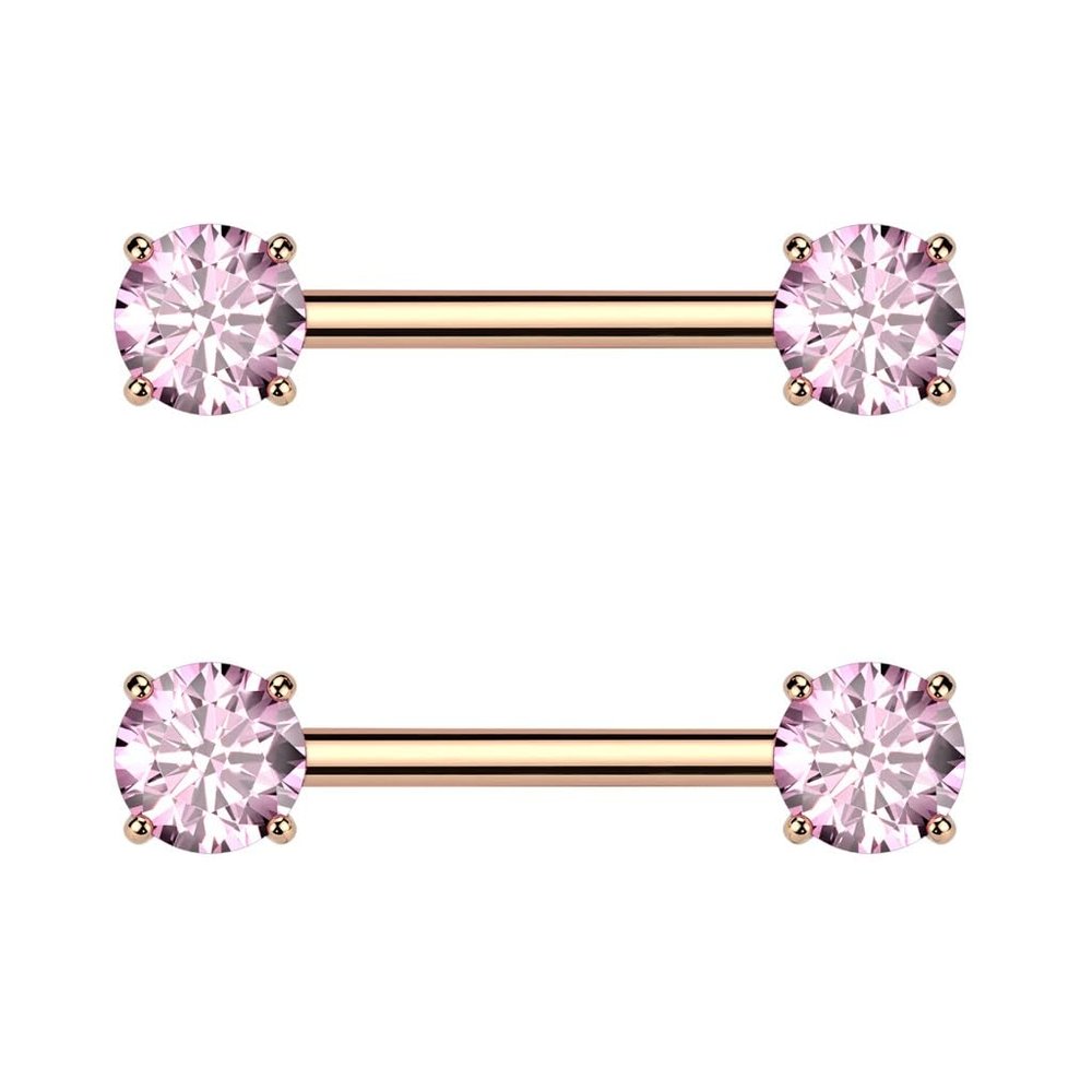 14GA ASTM F-136 Implant Grade Titanium Prong Set CZ Crystal Ends Nipple Barbells, Sold as a Pair (Rose Gold Tone/Pink)