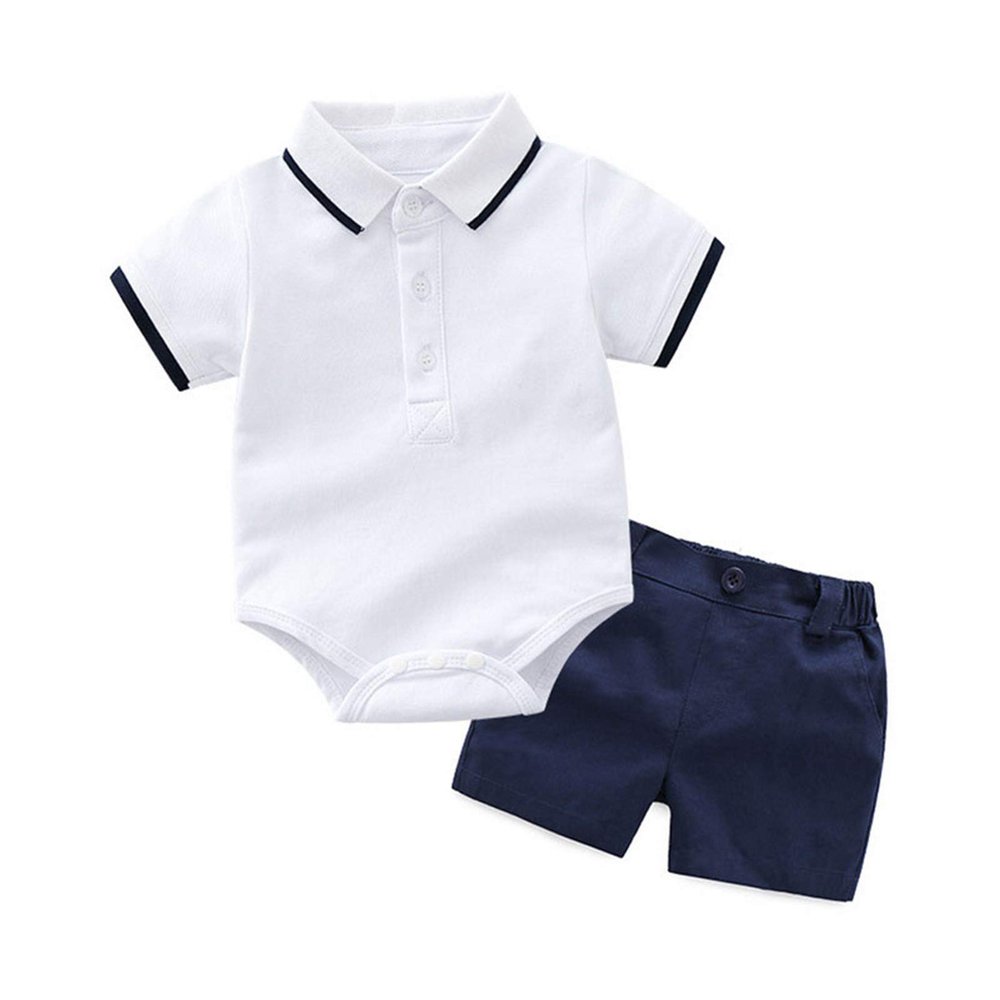 AMIMOJY Baby Boy Clothes Girl Summer Outfits Solid Polo Short Sleeve Bodysuit Romper Shorts Tops Newborn Infant 2pcs Set, 12-18 Months, White